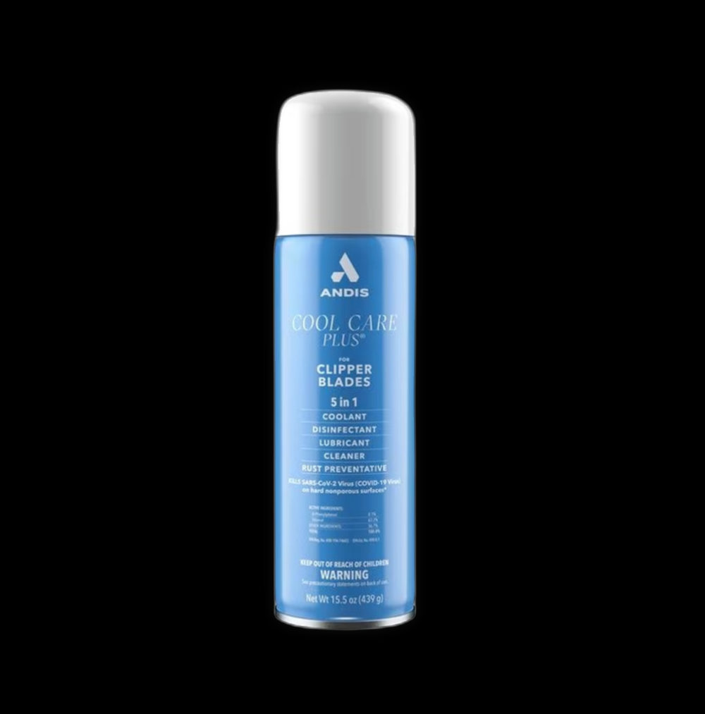 Andis Cool Care Clipper Blade Cleaner 439g bottle with spray nozzle for cleaning and maintaining hair clipper blades.
