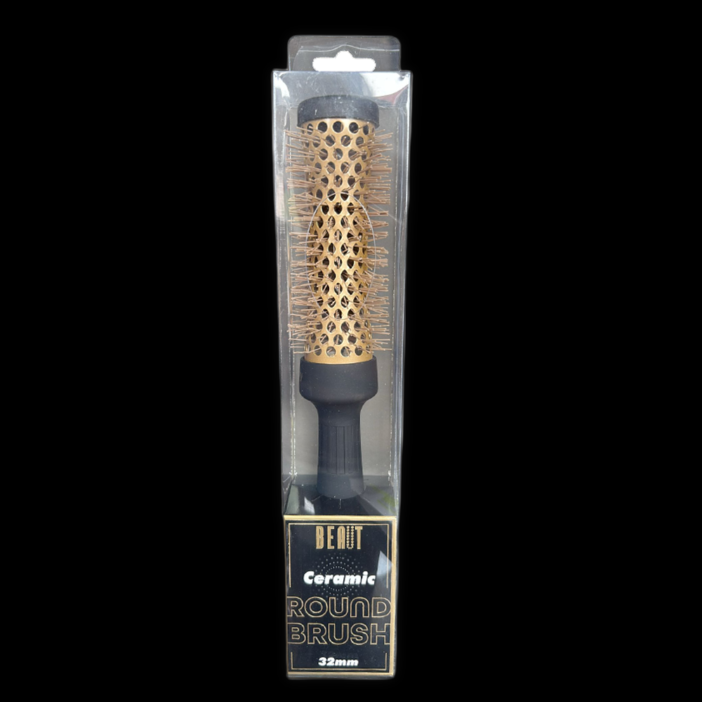 Beaut ceramic round hairbrush with a wooden handle and bristles, designed for styling and blow-drying hair.