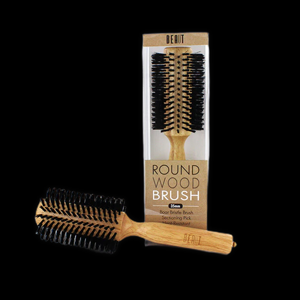Beaut round wood brush, 35 mm diameter, made of natural wood and bristles, ideal for styling and smoothing hair.