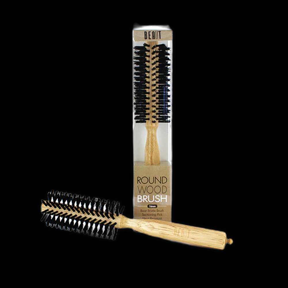 Beaut round wood brush with a 35mm diameter, featuring natural wooden bristles for gentle styling and detangling.