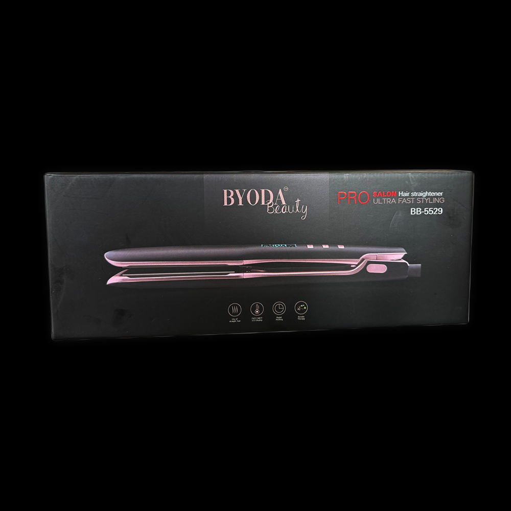 BYODA BEAUTY PRO BB-5529 flat iron with ceramic plates for straightening and styling hair.