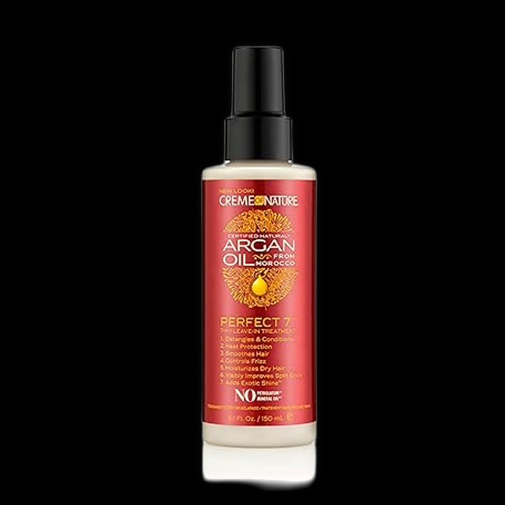 Creme of Nature Argan Oil Perfect 7 hair treatment bottle with golden label and pump dispenser, designed for nourishing hair.