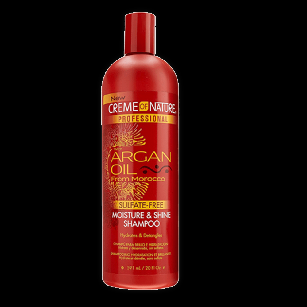 Bottle of Creme of Nature Argan Oil Shampoo with clear label, featuring a sleek design and golden accents, indicating nourishing hair care.