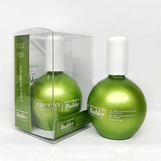 Cuccio Builder nail extension gel in a clear jar with a brush, used for creating durable, natural-looking artificial nails.