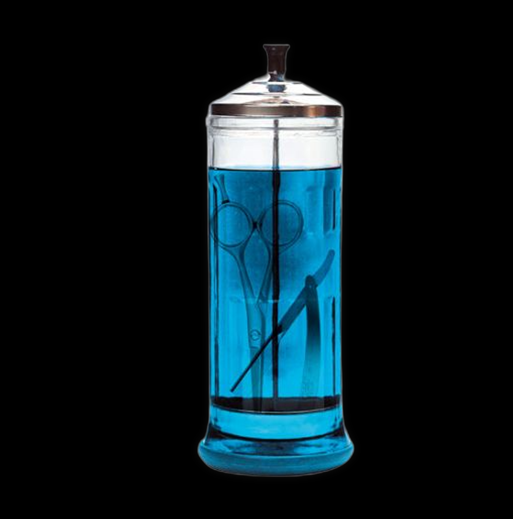 Nasami Beauty disinfecting jar with dimensions 11.5 x 4.25 inches, featuring a clear container for sanitizing tools.
