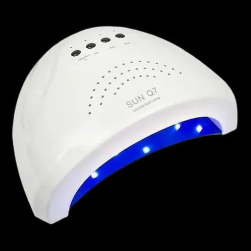 Nasami Beauty SUNQ7 SUPER SUN UV LED Nail Lamp showing a sleek, white handheld device with UV and LED lights for curing nails.