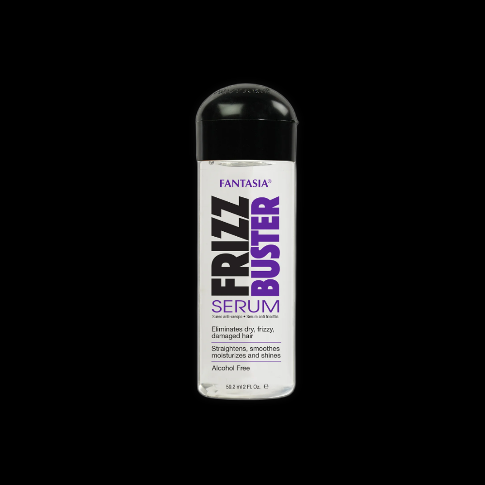 IC Fantasia Fantasia Frizz Buster hair serum in a sleek bottle, designed to control frizz and add shine to hair.