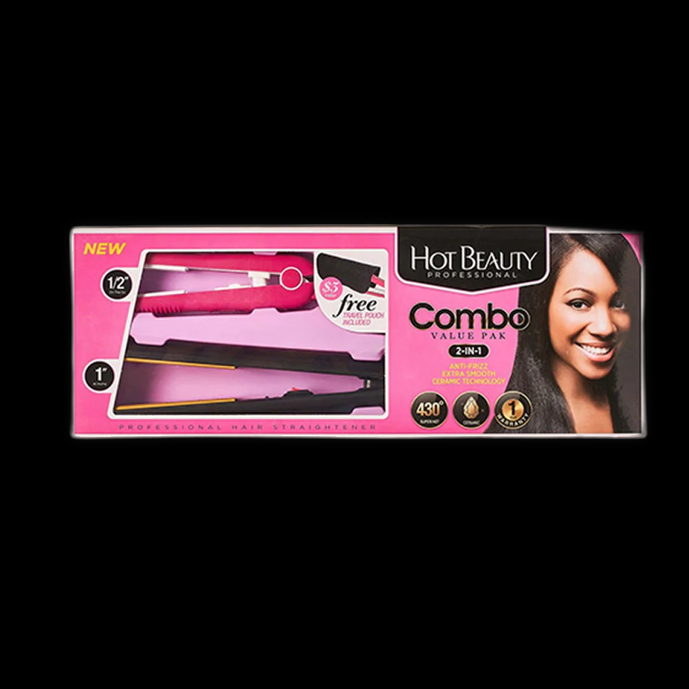 Hot Beauty combo flat iron with 1/2 inch and 1 inch plates, featuring sleek black design and ergonomic handle for styling versatility.