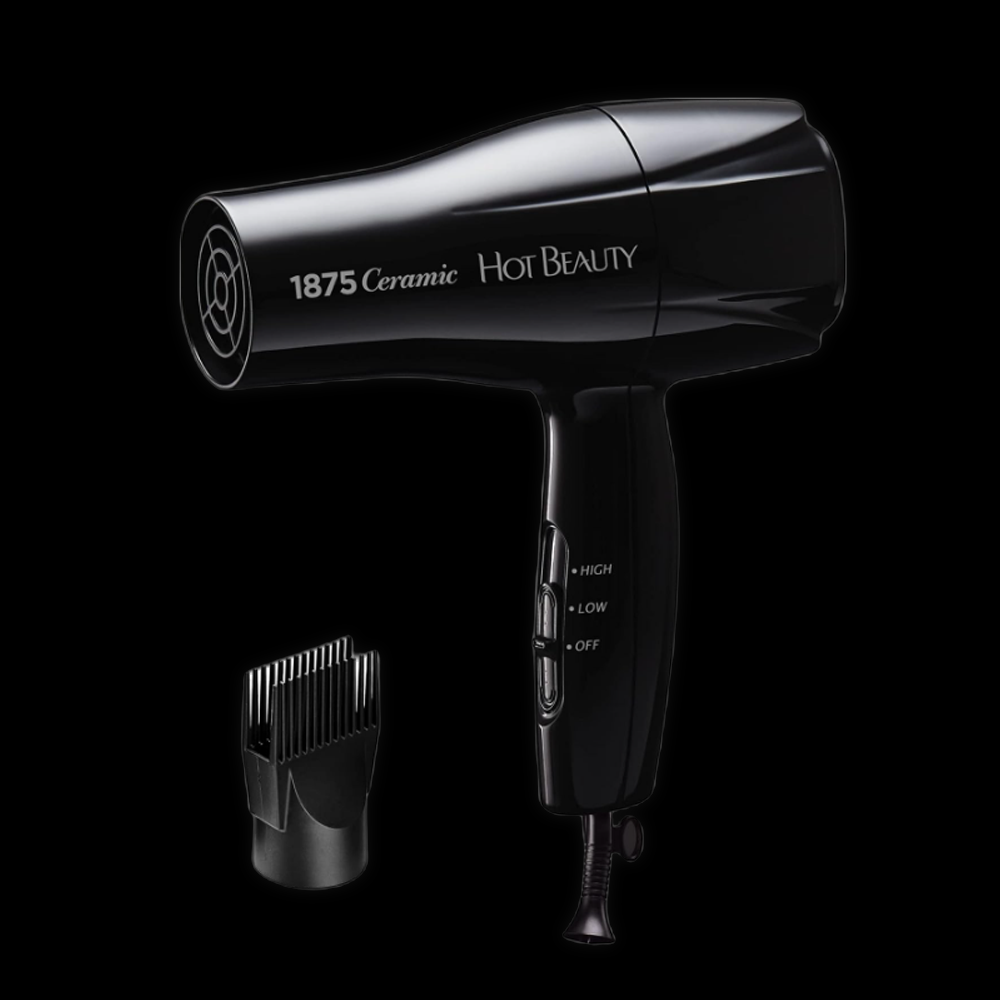 Hot Beauty professional hair dryer with 1875W ceramic technology, featuring a sleek black design and ergonomic handle.