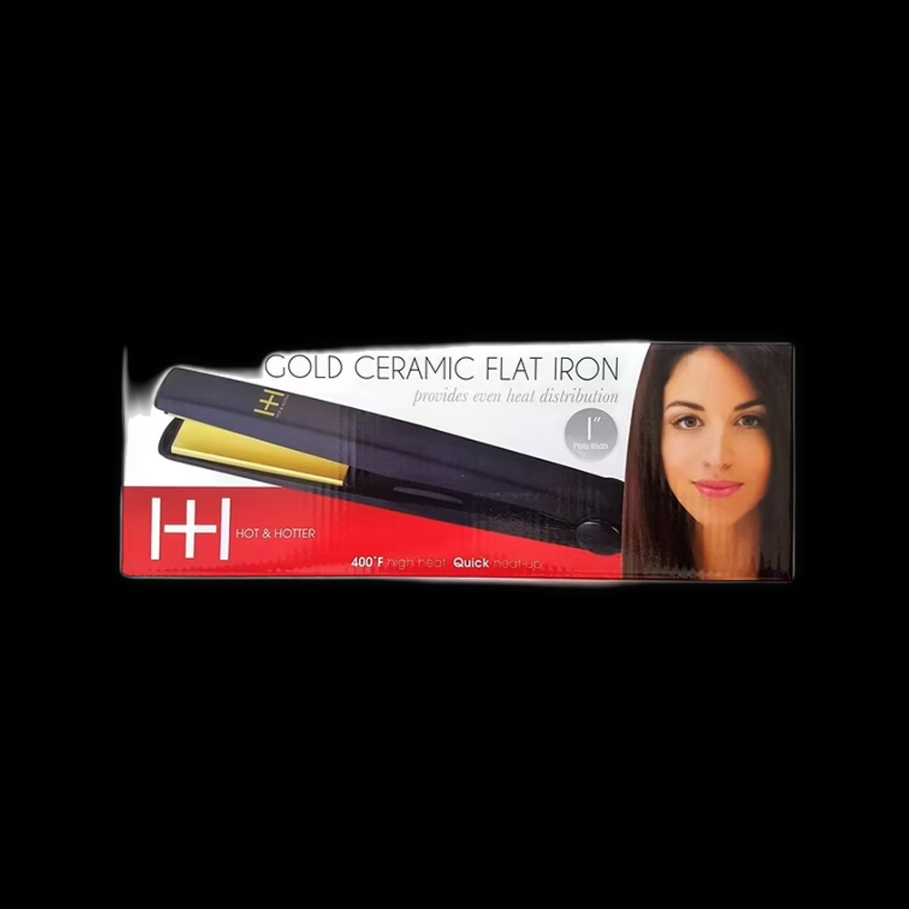 Hot Hotter Gold ceramic flat iron 1-inch with sleek design, ceramic plates, and heat control for smooth styling.