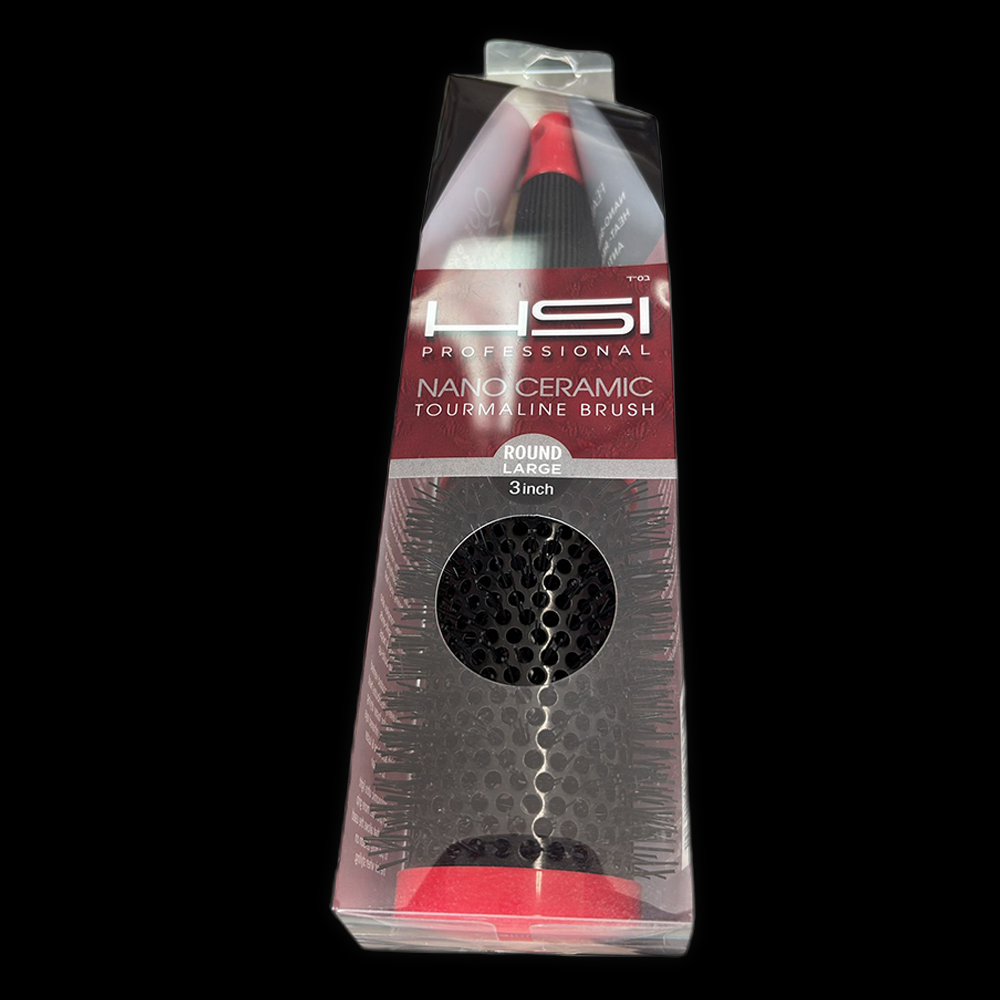 Large 3-inch HSI Nano Ceramic Round Brush with natural bristles, ideal for styling and volumizing hair.