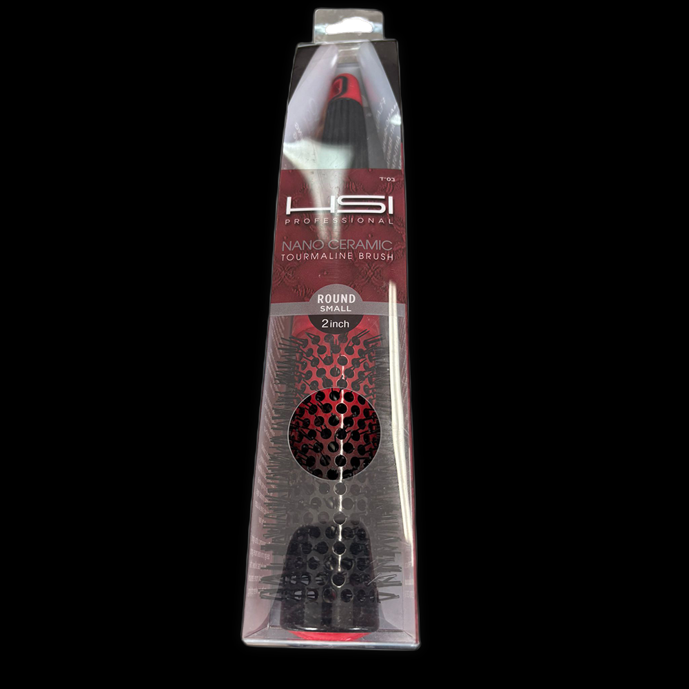 HSI round nano ceramic brush, 2-inch size, with bristles and ceramic barrel for styling and smoothing hair.