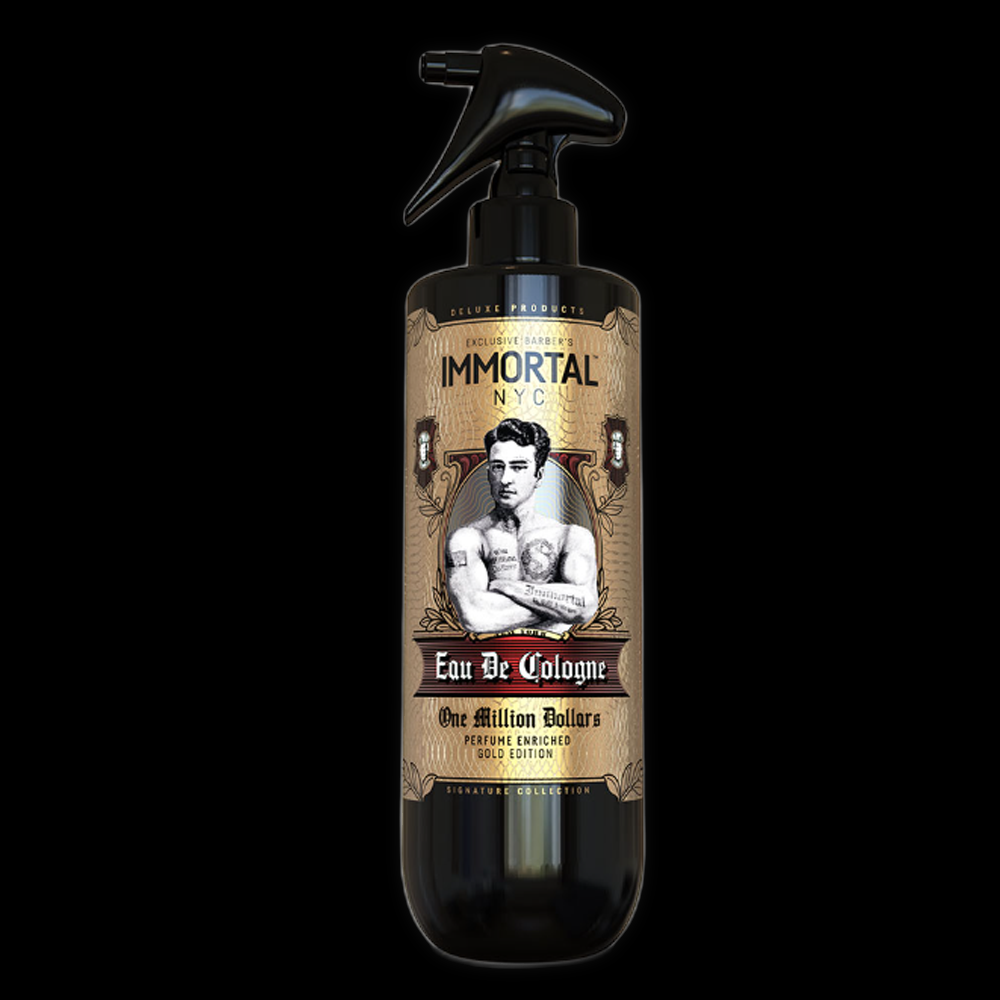 Immortal INNMORTAL ONE MILLION cologne bottle with gold accents and sleek design on a white background.