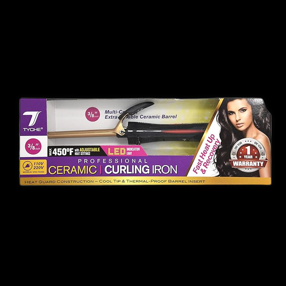 Tyche J2 Professional ceramic curling iron with 3/8 inch barrel for creating smooth, natural curls and waves.