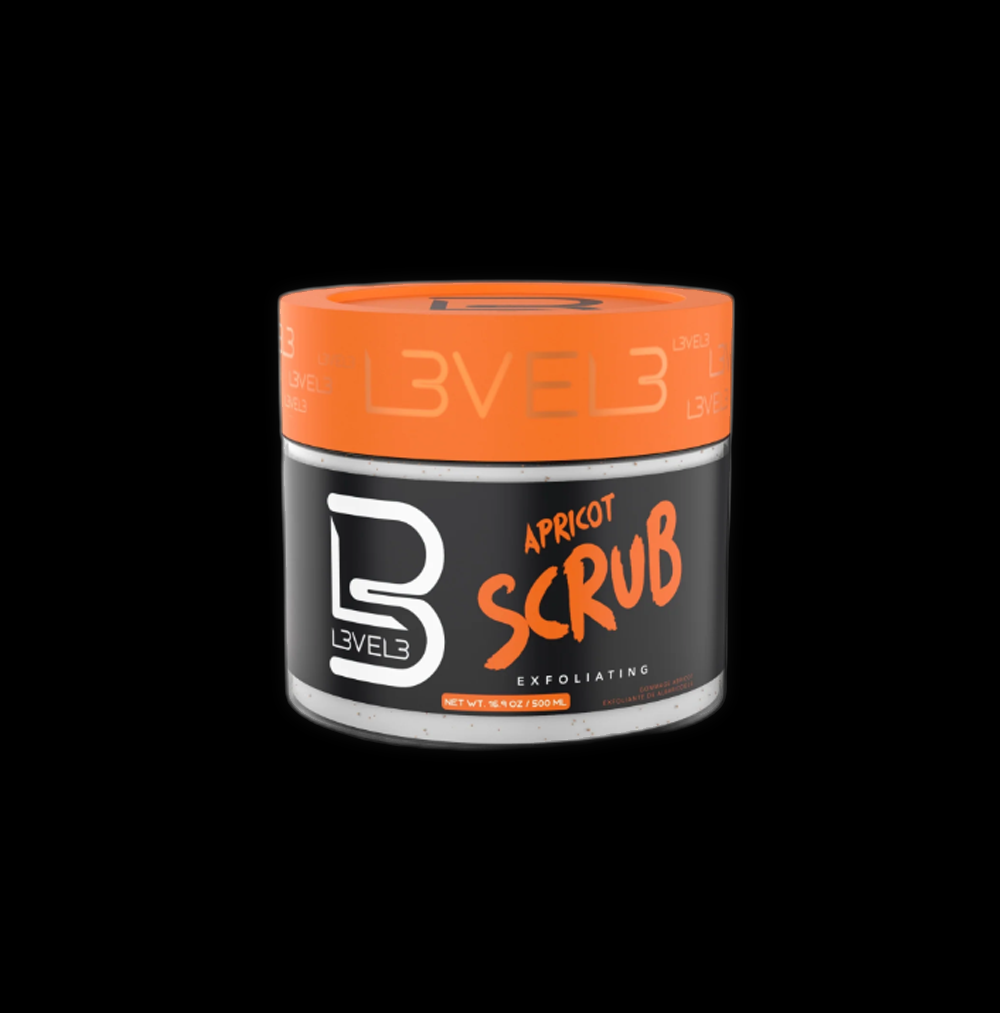 L3VEL3 Apricot Scrub in 500ml bottle with apricot particles for exfoliating skin and natural skincare.