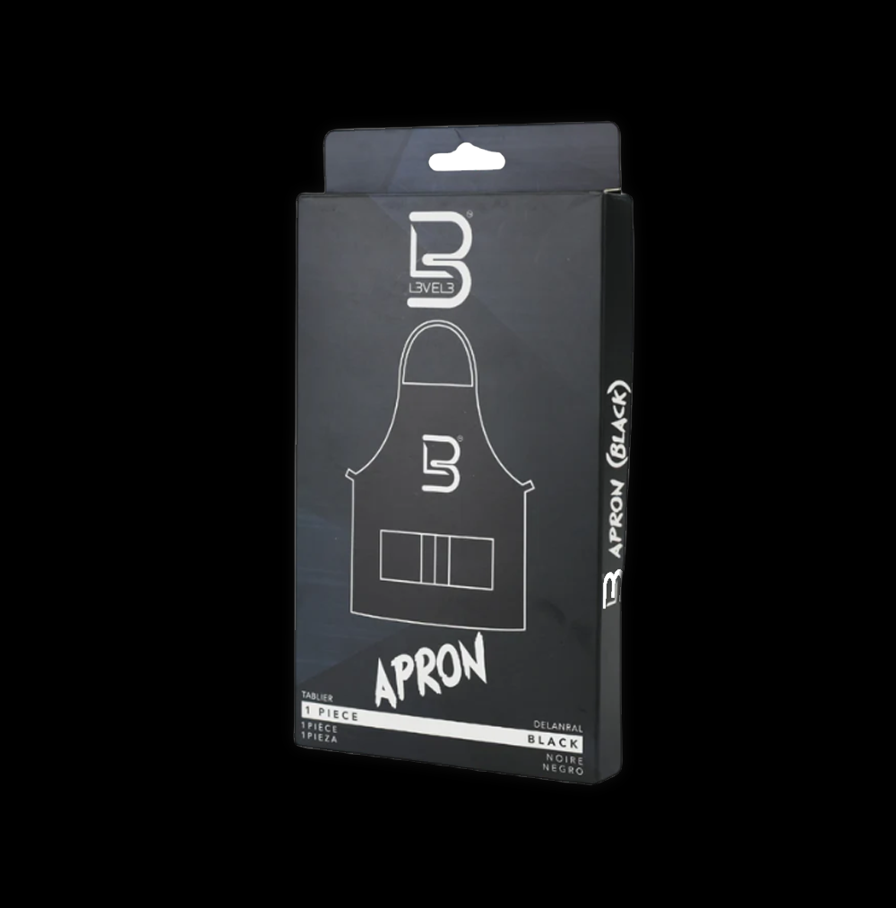 Black L3VEL3 apron with adjustable neck strap and front pocket, made from durable fabric for cooking or crafting.