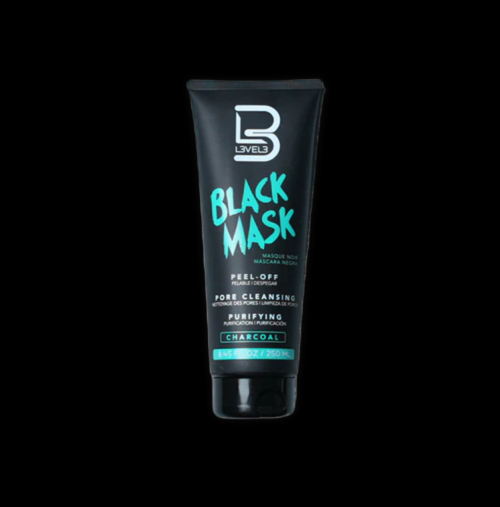 L3VEL3 black facial mask in a 250 ml jar, smooth black clay mask for deep cleansing and skin detox.