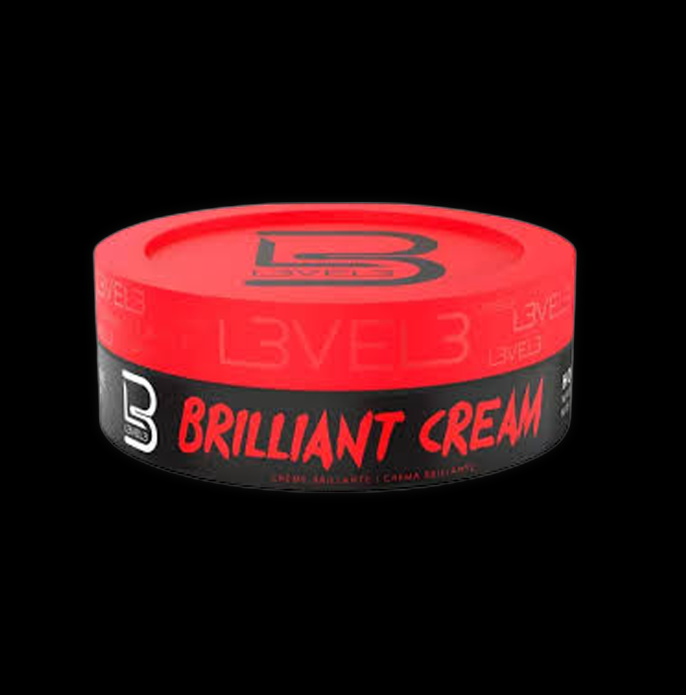 L3VEL3 Brilliant Cream 150ml jar with smooth, glossy surface and product label visible on the container.