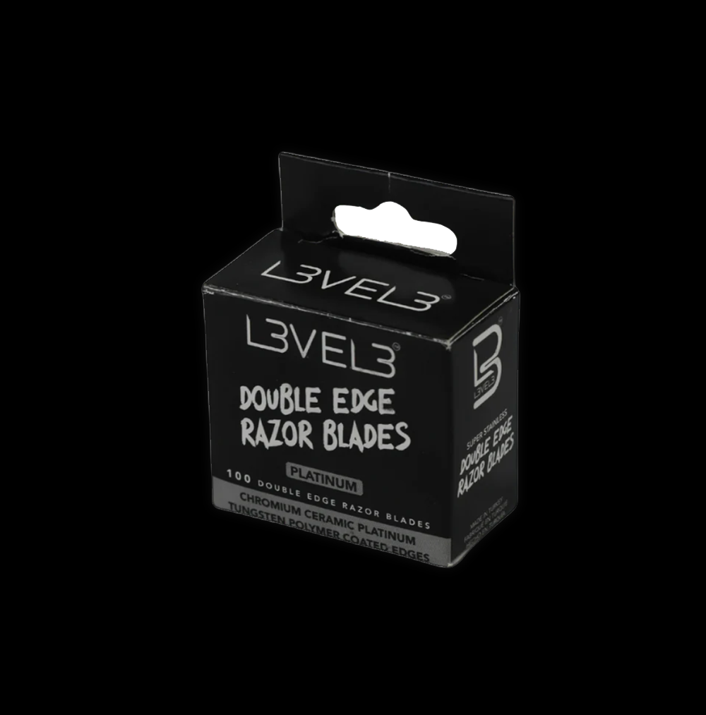 L3VEL3 double edge razor blades in platinum finish, displayed with multiple blades for safety and precision shaving.