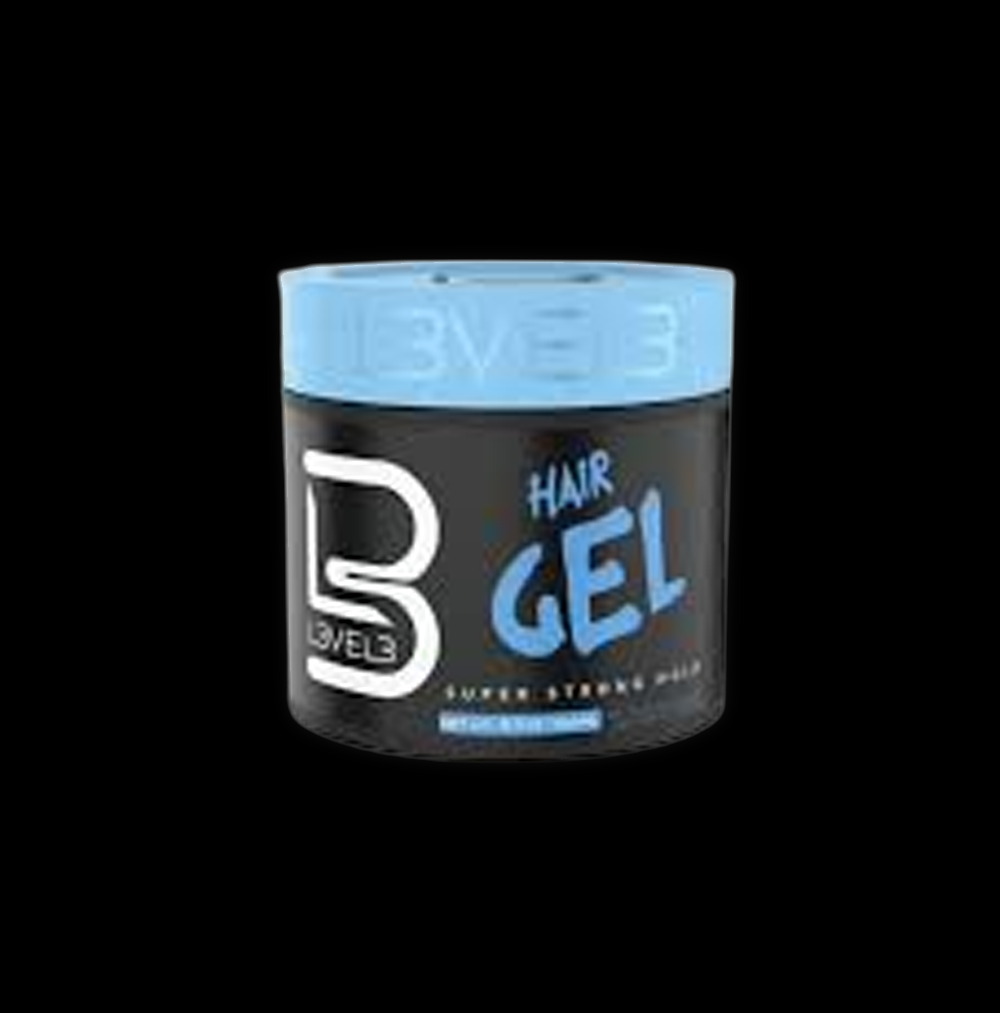L3VEL3 hair gel in a 500ml container with a clear lid, showcasing the gel's glossy texture and branding on the label.