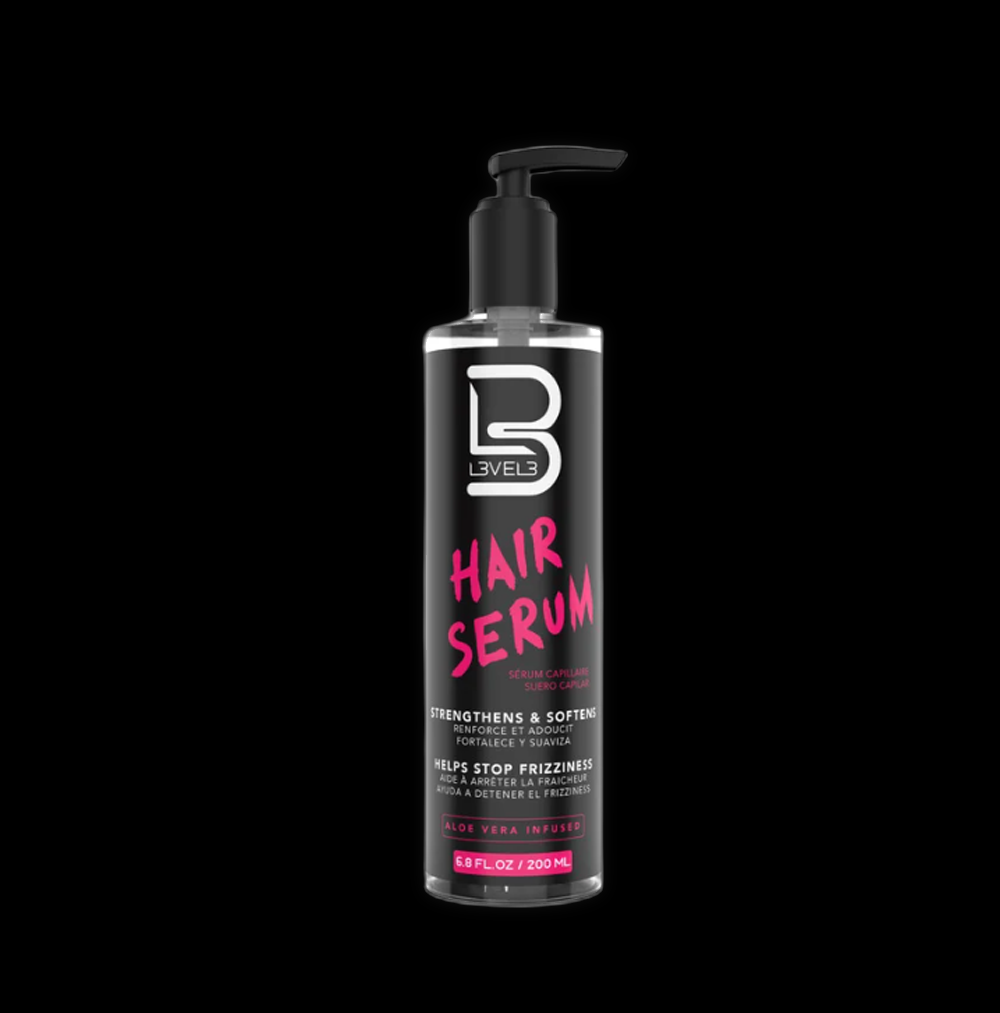 L3VEL3 hair serum in a 200ml bottle, smooth and shiny hair care product with a sleek design and pump dispenser.