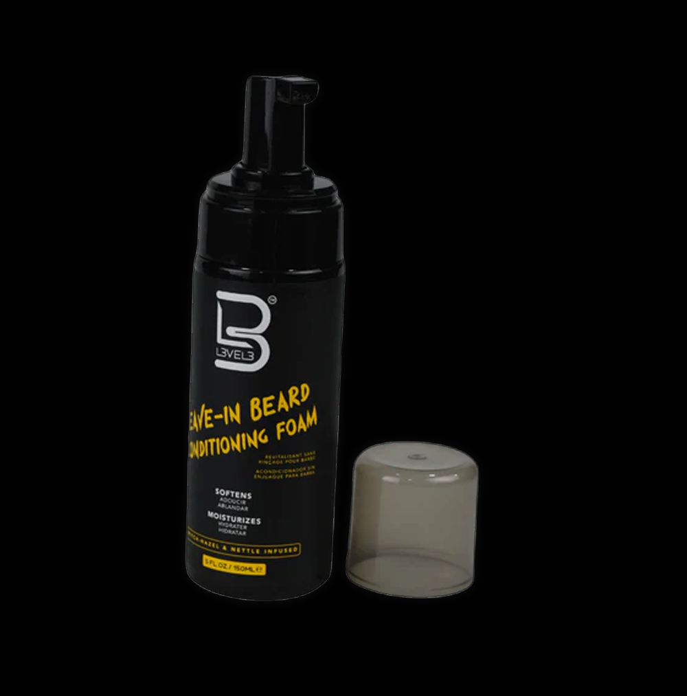 L3VEL3 leave-in beard conditioning foam bottle with a pump dispenser, designed for nourishing and softening men's beards.