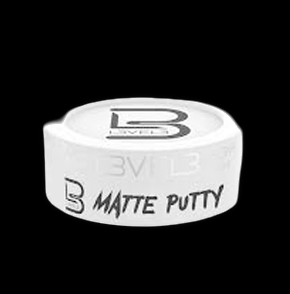 L3VEL3 Matte Puddy 150ml jar with black lid and label, showcasing the product's matte hair styling clay.