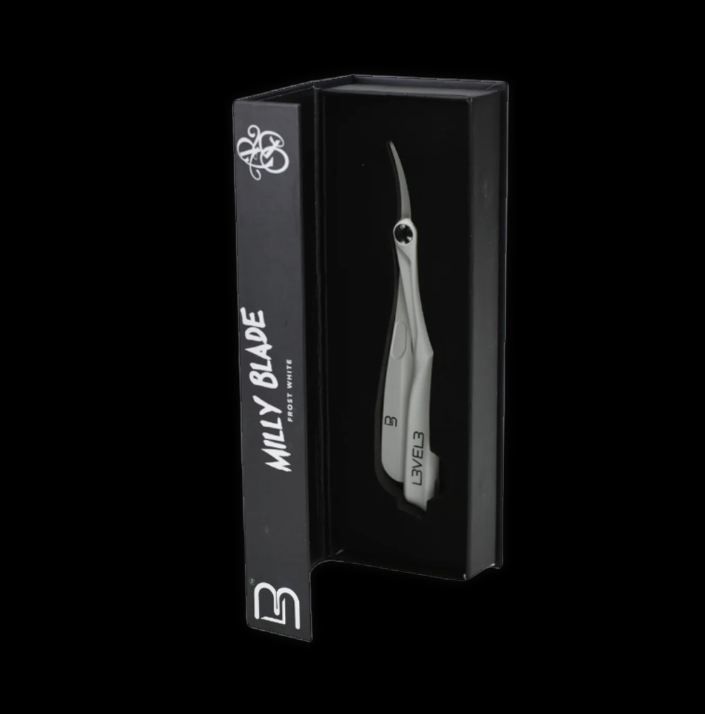 L3VEL3 Milly Blade Frost White skateboard deck with a sleek white design and bold graphics, designed for skateboarding enthusiasts.