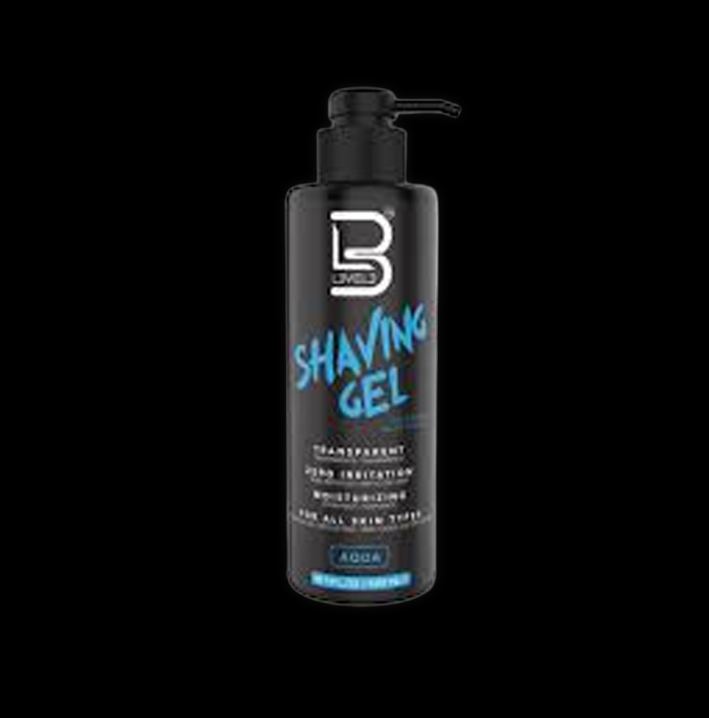 L3VEL3 Aqua Shaving Gel in a 500ml tube, clear gel visible with a blue cap, designed for smooth shaving.