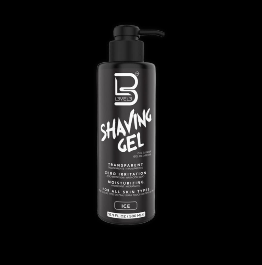 L3VEL3 Shaving Gel Ice in a 500ml container, showcasing the clear gel with a cooling, icy appearance for smooth shaving.
