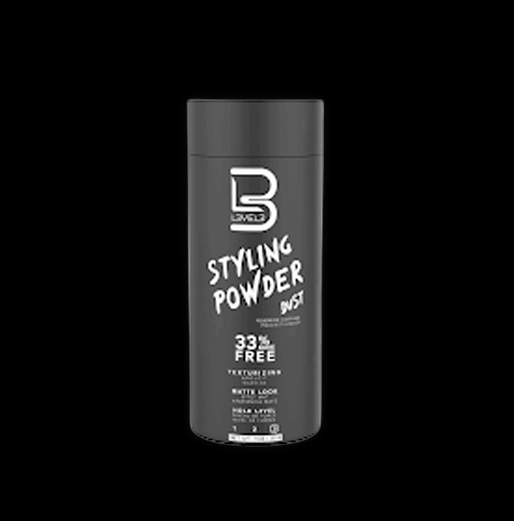 L3VEL3 Styling Powder Dust 30g container, showing the powder product in a minimalist black jar with the brand logo.