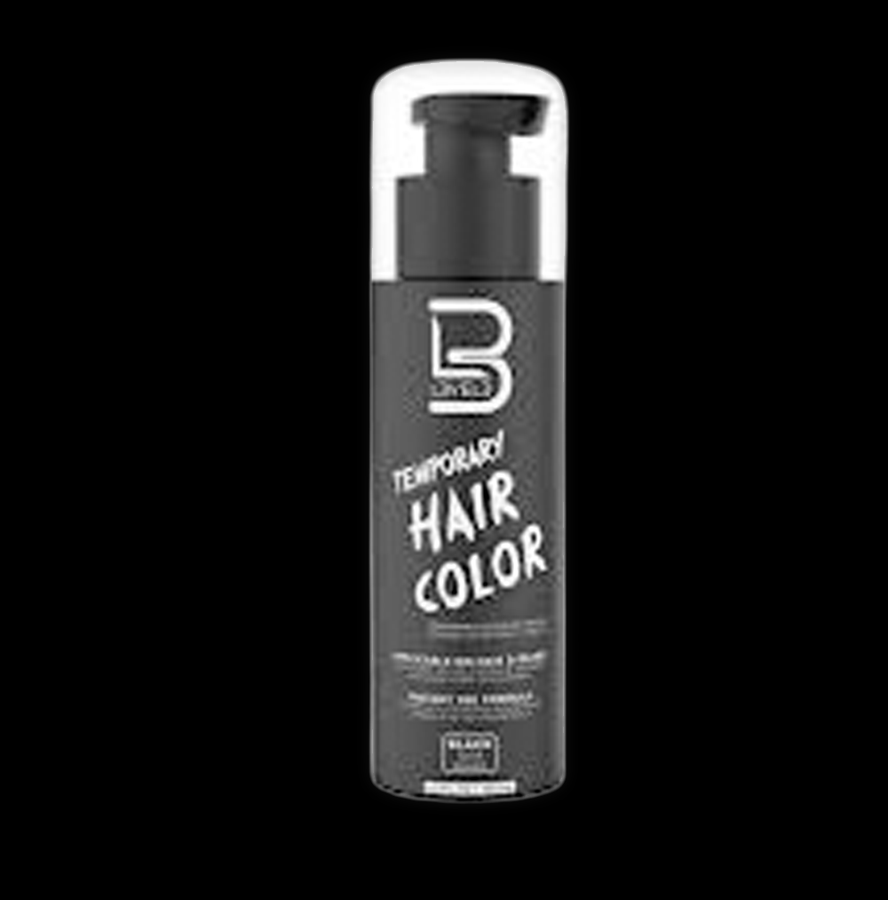 L3VEL3 temporary black hair and beard color in a 125 ml bottle, shown with the black hair and beard application.