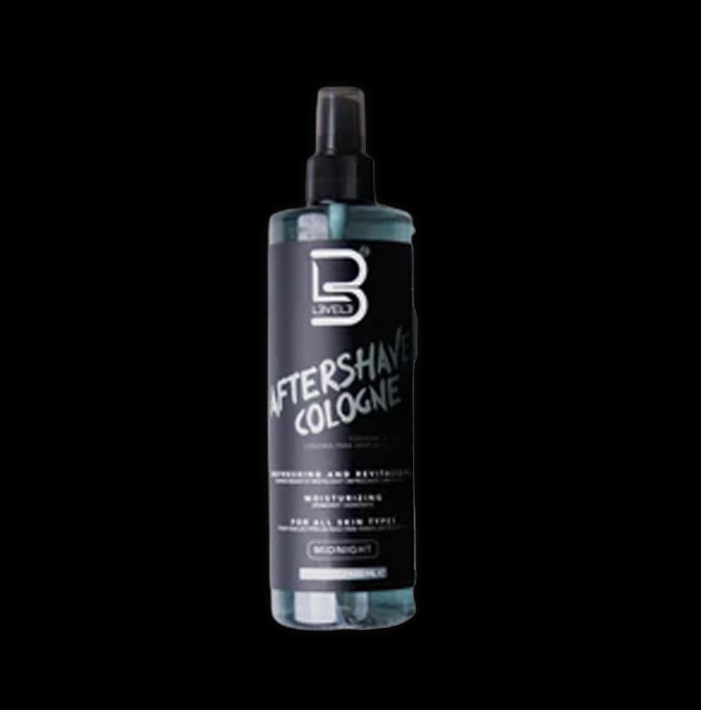 L3VEL3 Aftershave Cologne Midnight in a 13.5 fl oz bottle, featuring a sleek design and dark, aromatic scent.