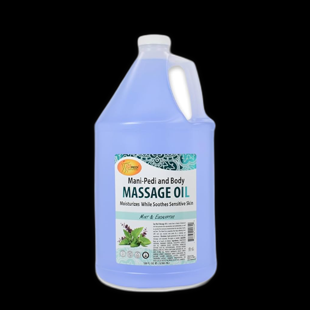 PEDI SPA mint and eucalyptus massage oil for mani-pedi and body massage, 128 fl oz, featuring fresh, soothing botanical scent.