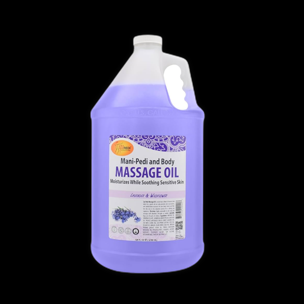 Pedi Spa lavender massage oil bottle for mani-pedi treatments, 128 fl oz, with lavender scent and nourishing formula.