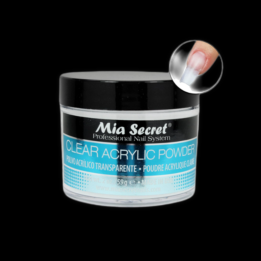 Mia Secret clear powder in a 2oz container, fine transparent nail powder for professional nail enhancements and designs