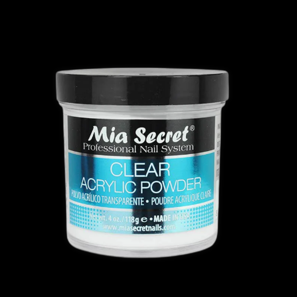 Mia Secret Clear Acrylic Power in 8oz container, fine transparent acrylic powder for nail enhancements, shown in the image.