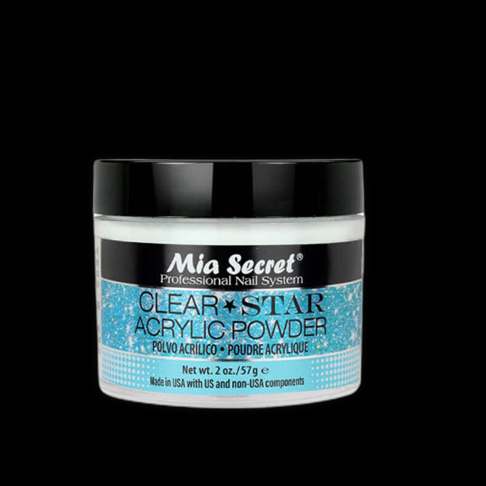 Mia Secret Clear Star Powder 2oz jar, fine white glitter powder for nail art and acrylic enhancements.