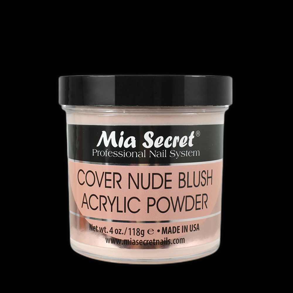Mia Secret Cover Nude Blush Powder in a 4oz container, showing the soft peachy-pink shade and textured powder surface.