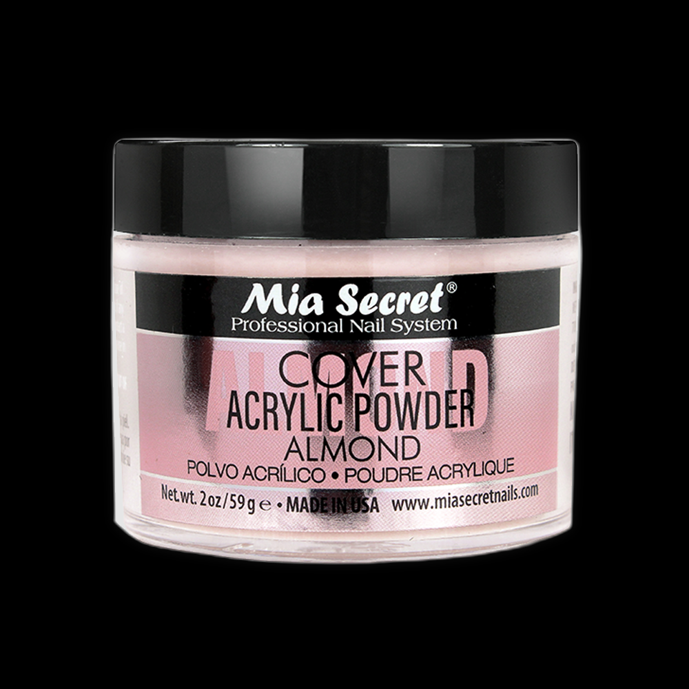 Mia Secret Almond Cover Powder 2oz in a clear jar, showcasing the beige-colored acrylic powder for nail enhancement applications.