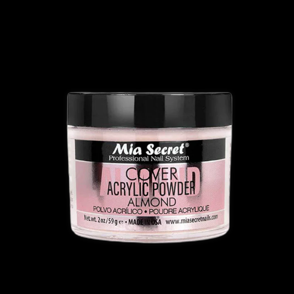 Mia Secret Cover Powder Almond shade in a 2oz container, creamy nail enhancement product with a smooth, blendable texture.