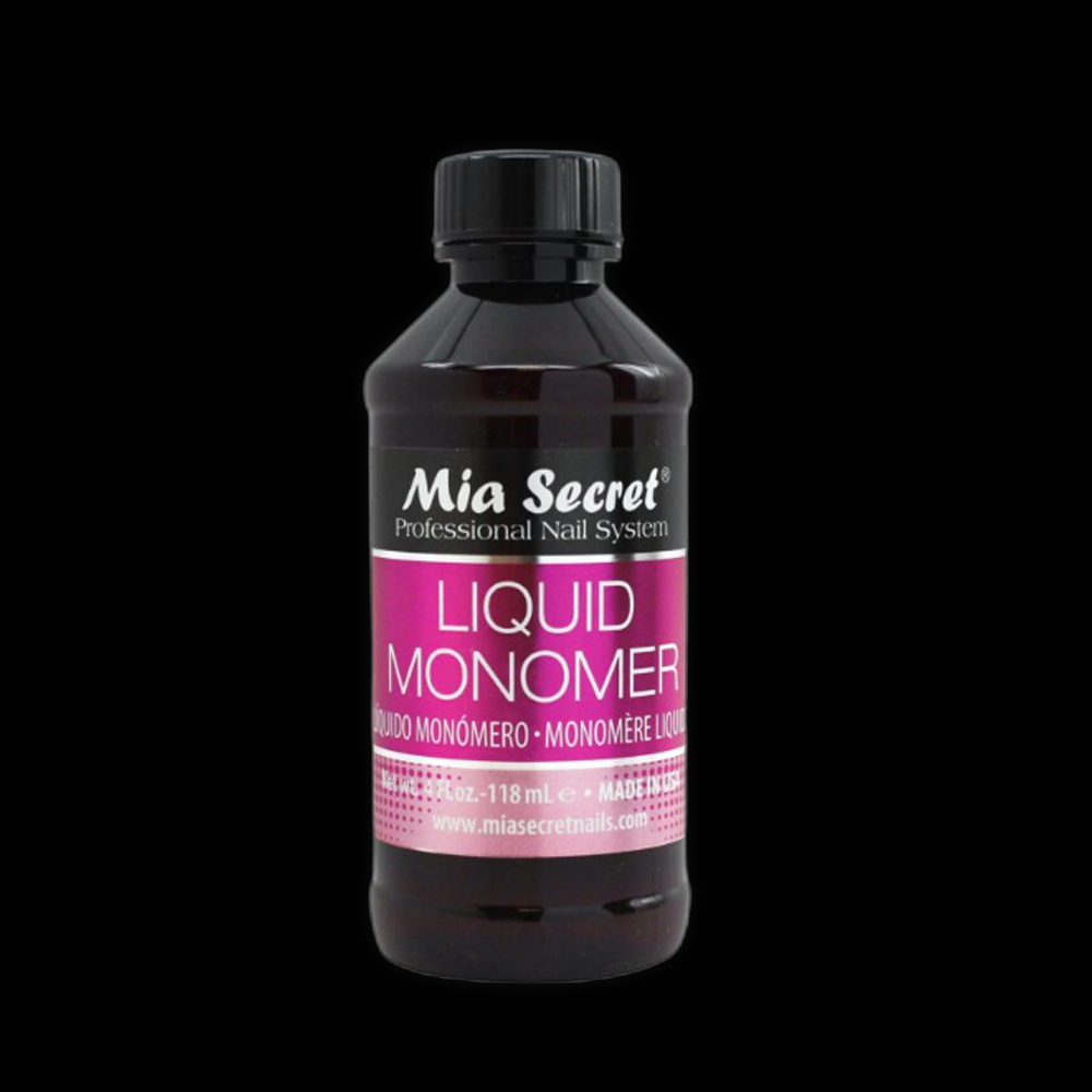 Mia Secret Liquid Monomer in a clear bottle, used for acrylic nail enhancements and nail art applications.