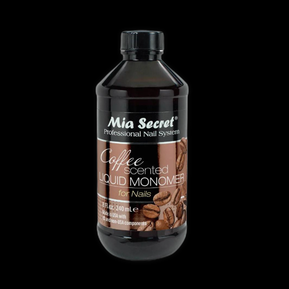 Mia Secret liquid monomer in coffee scent, 4 fl oz or 8 fl oz bottle for nail acrylic products.