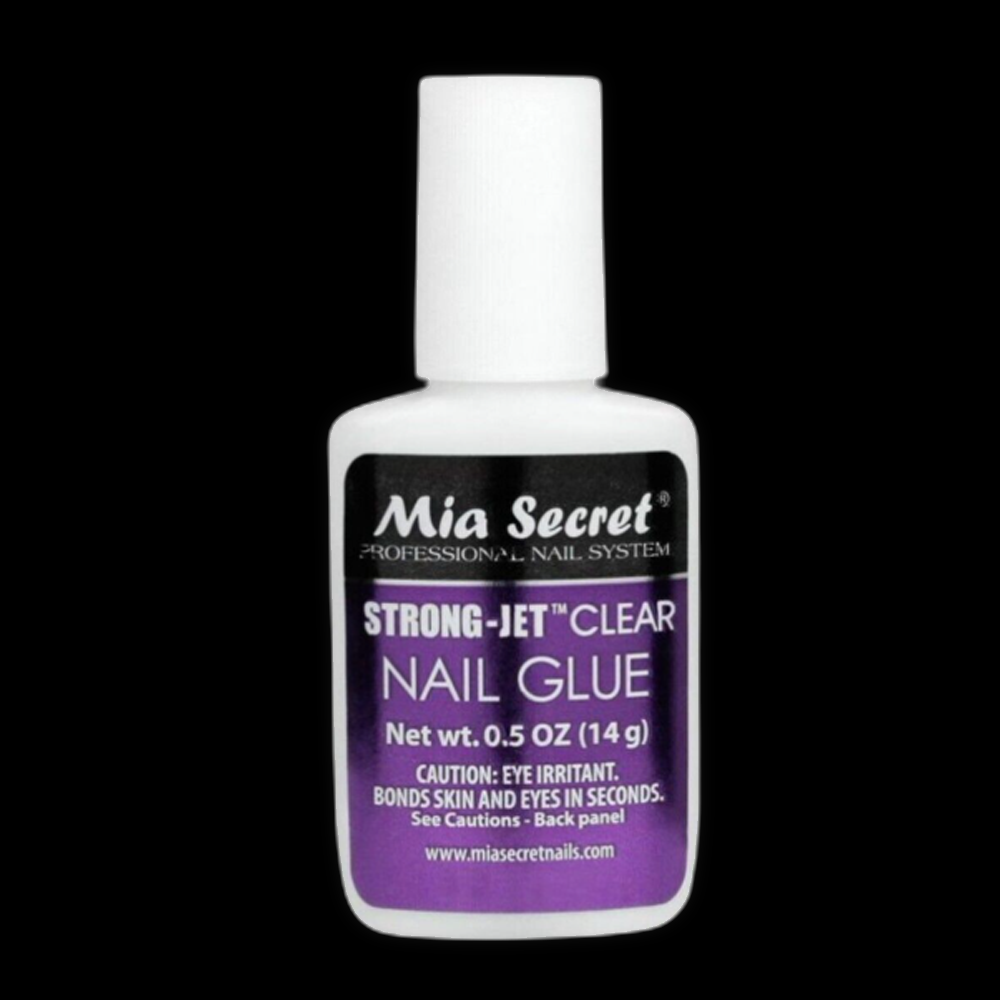 Mia Secret nail glue in a 0.5 oz bottle, clear adhesive for nail enhancements and repairs, with a white cap and label.