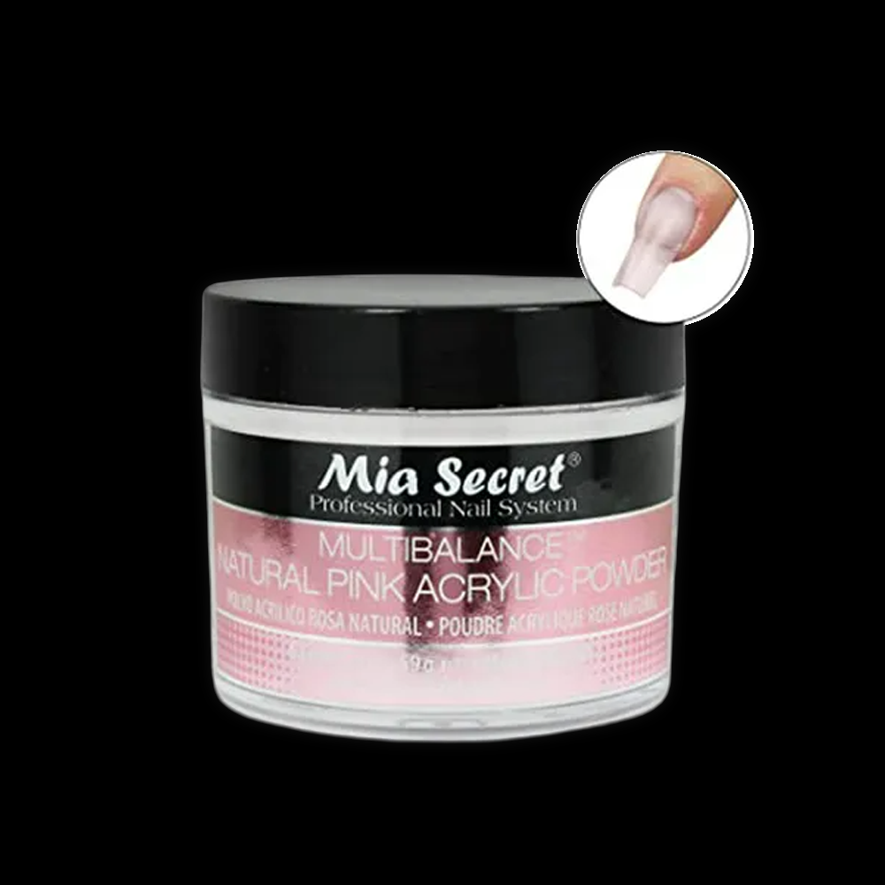 Mia Secret Natural Pink Powder 2oz jar with pink powder inside, ideal for nail art and sculpting, displayed on a white background.