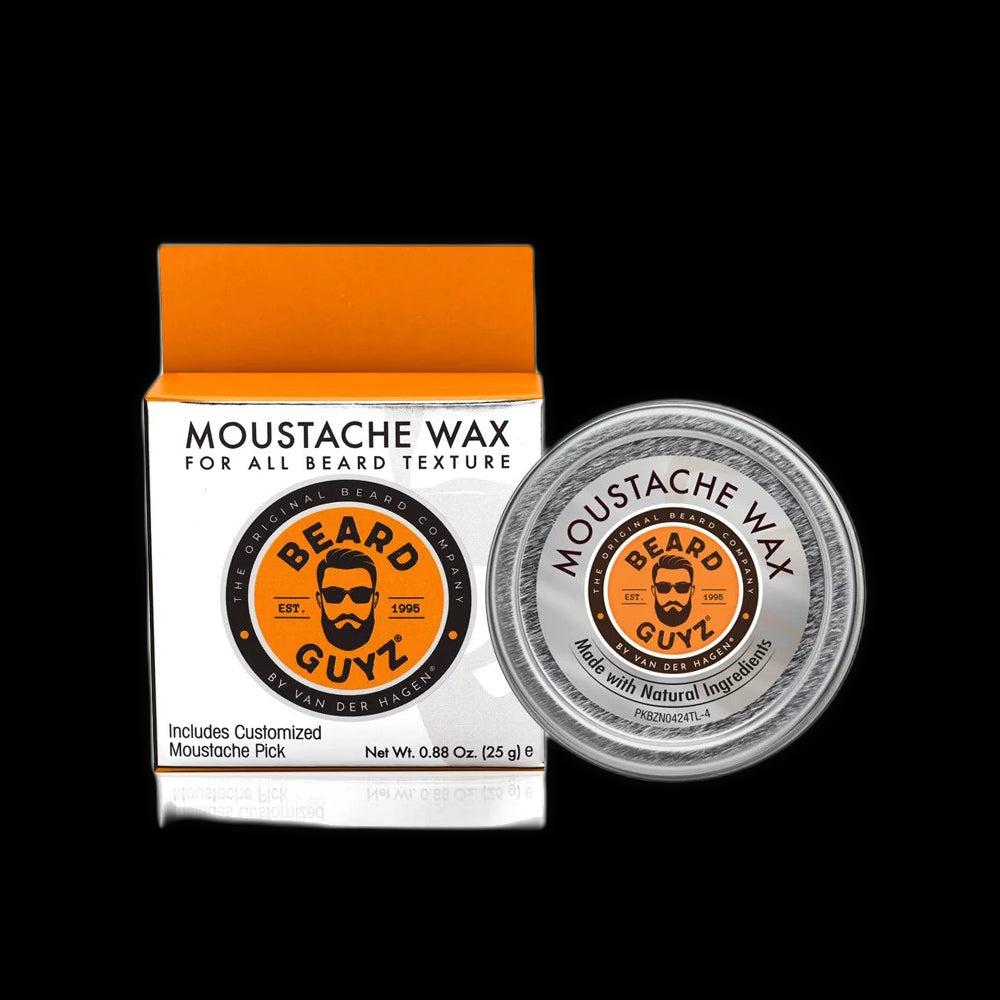 Beard Guyz moustache wax container with a lid, used for shaping and styling moustaches.