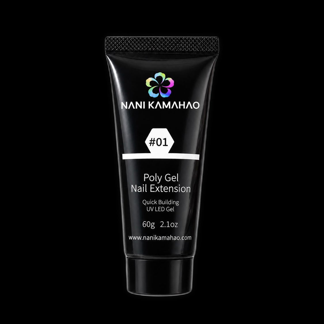 Nani Kamahao poly gel nail extension in 60g, #01, with smooth, translucent gel in a clear container for long-lasting manicures.