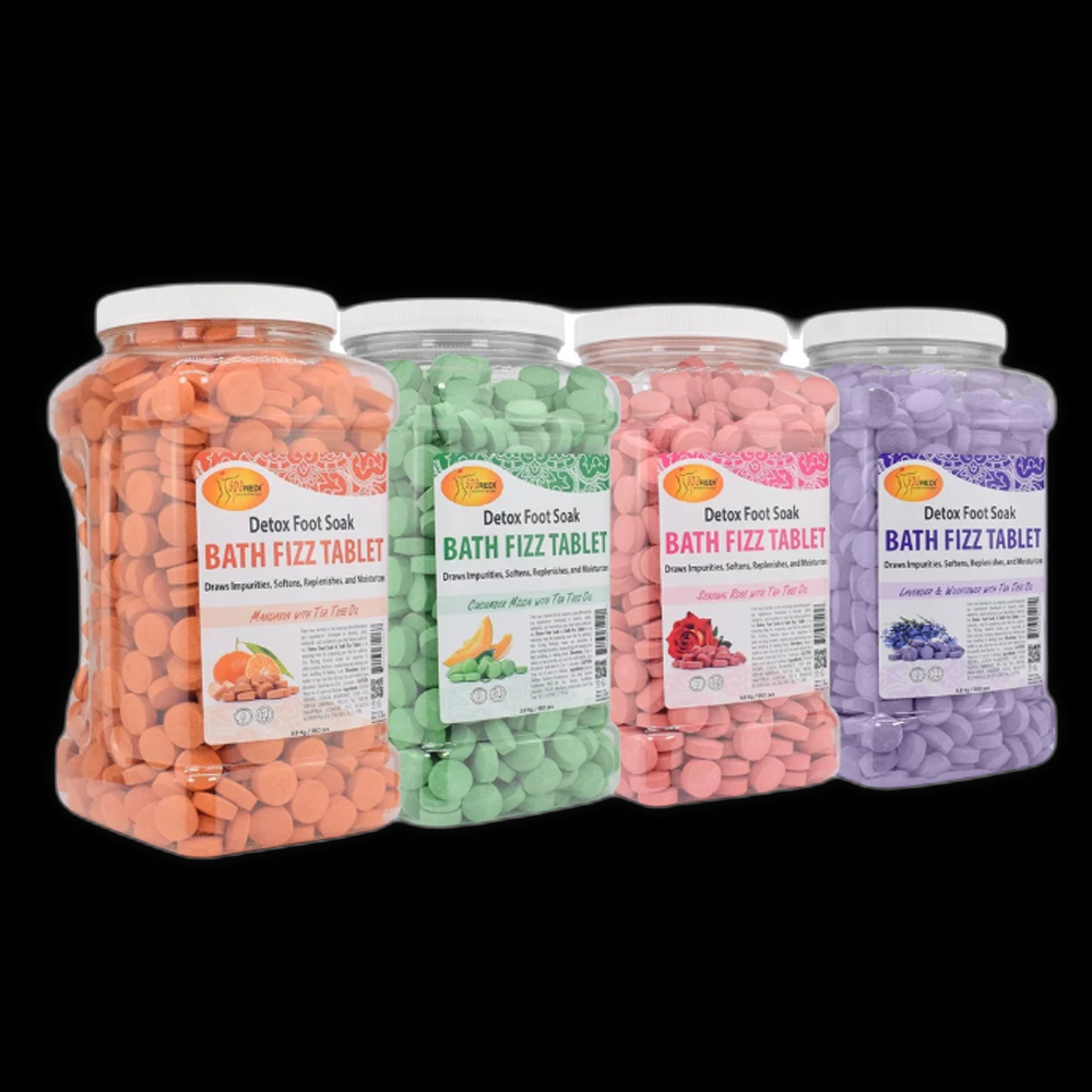 Pedi Spa Pedi Detox Bath Fizz Tablet with lavender scent, dissolving in water for relaxing foot soak treatment.