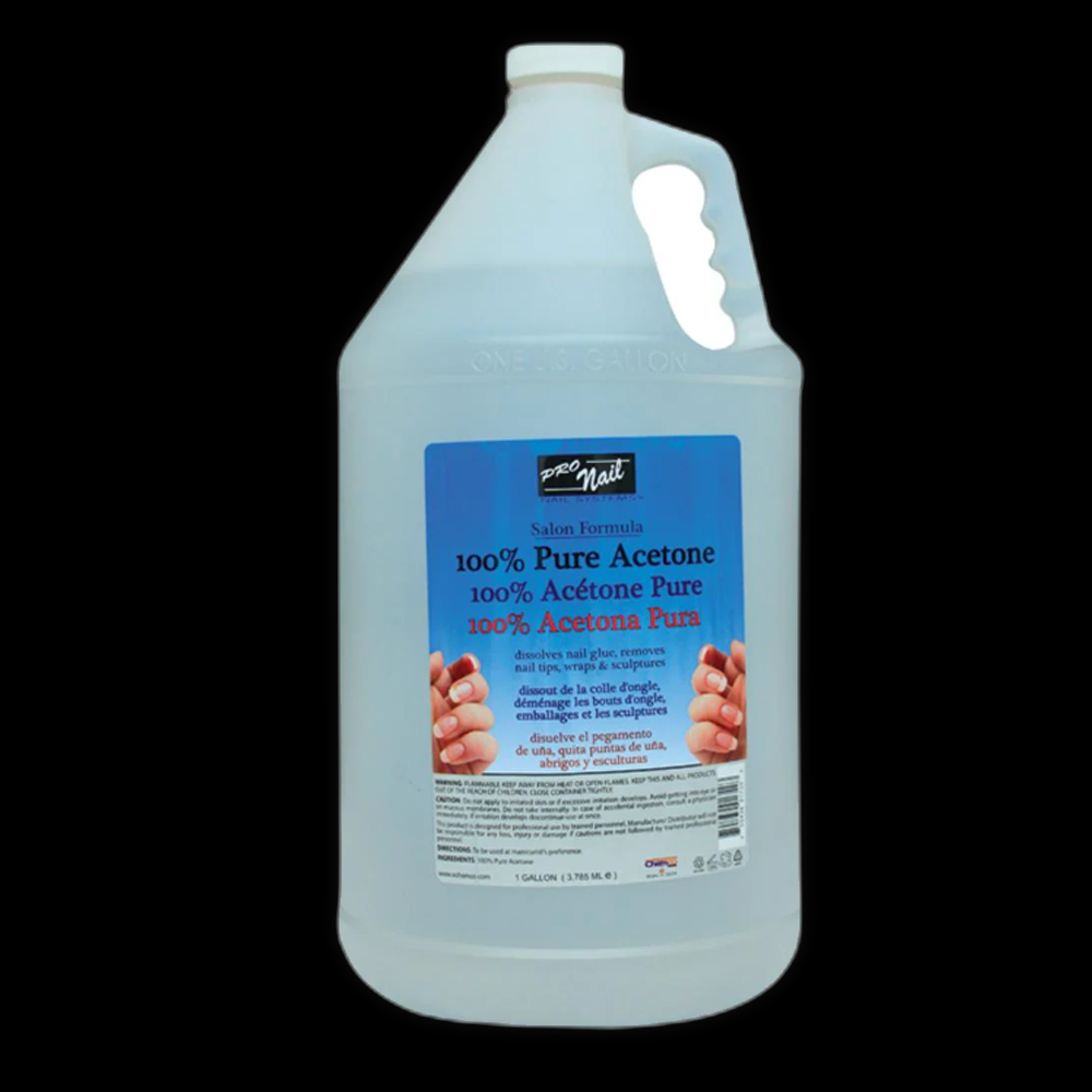 ProNail 100% pure acetone in a 1-gallon container, used for nail polish removal and cleaning nails in professional manicures.