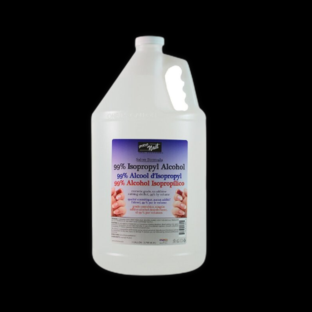 Bottle of ProNail 99% Isopropyl Alcohol for disinfecting and sanitizing nails and tools, clear liquid in a professional container